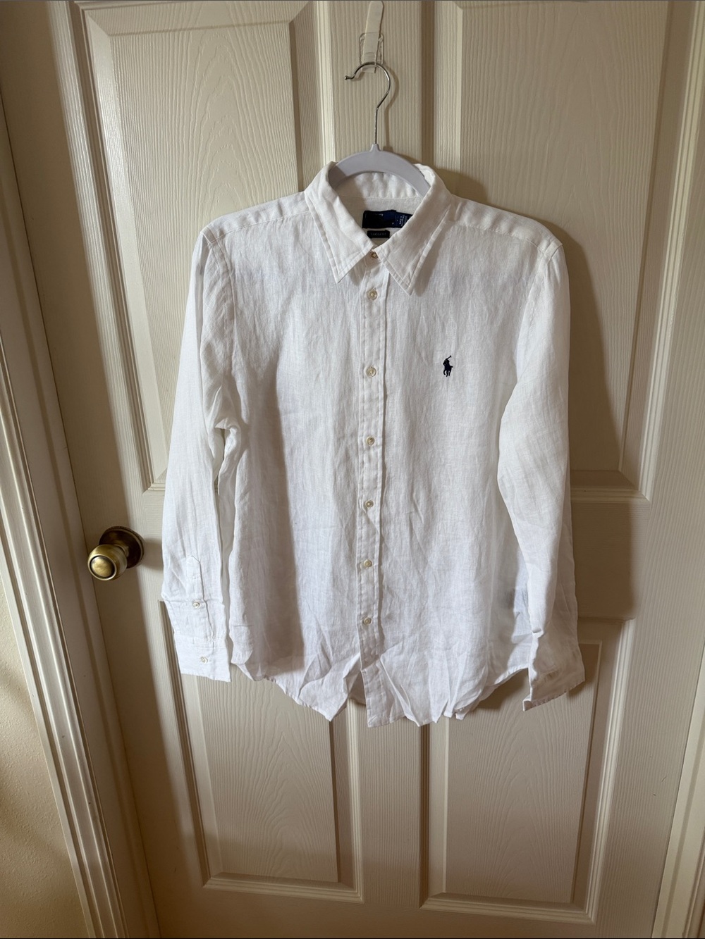 Ralph Lauren White Linen Button-Up Shirt with Navy Polo Pony Sz M. Box30